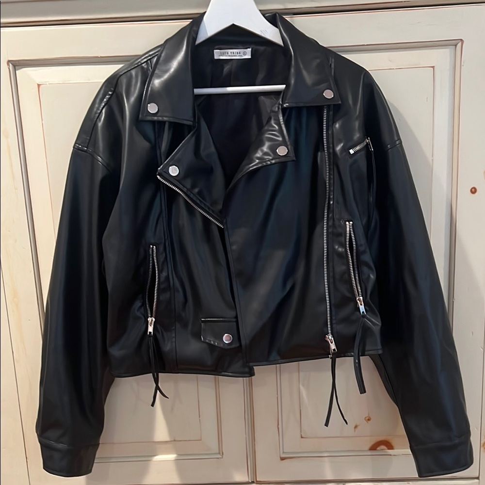 12th Tribe Black Leather Jacket Asymmetrical Design
